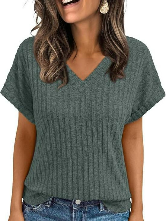 Europäische & Amerikanische Damen Sommer V-Ausschnitt Kurzarm Lässiger Pullover T-Shirt 2025