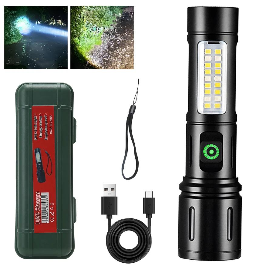 High Power Spotlight Long LED Flashlight with COB Side Light Aluminum Alloy Type-C Zoomable Ultra Bright Emergency Torch