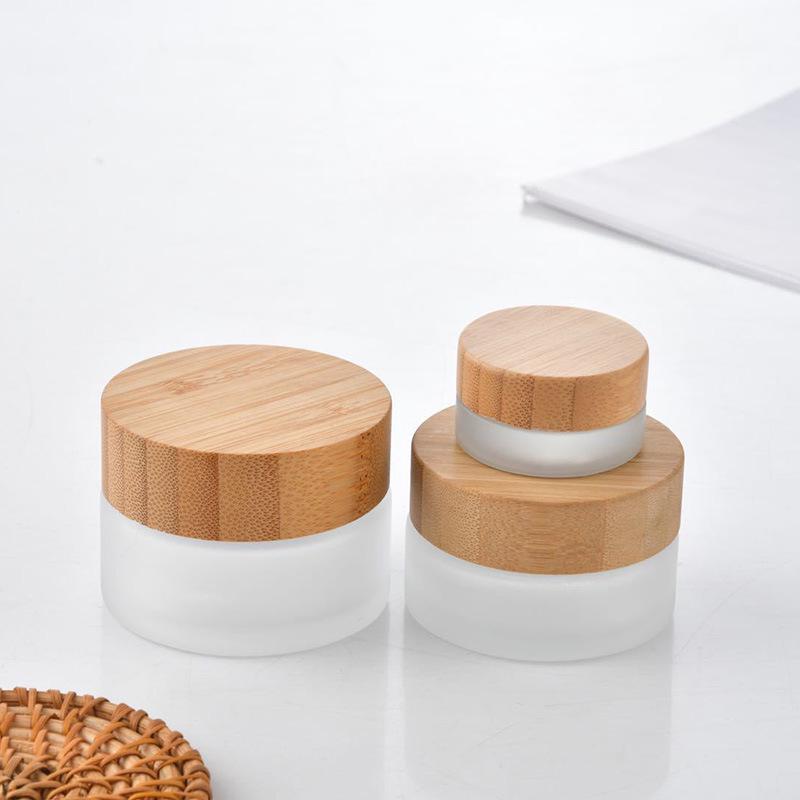 Frosted Glass Skincare Jar with Round Bamboo Lid