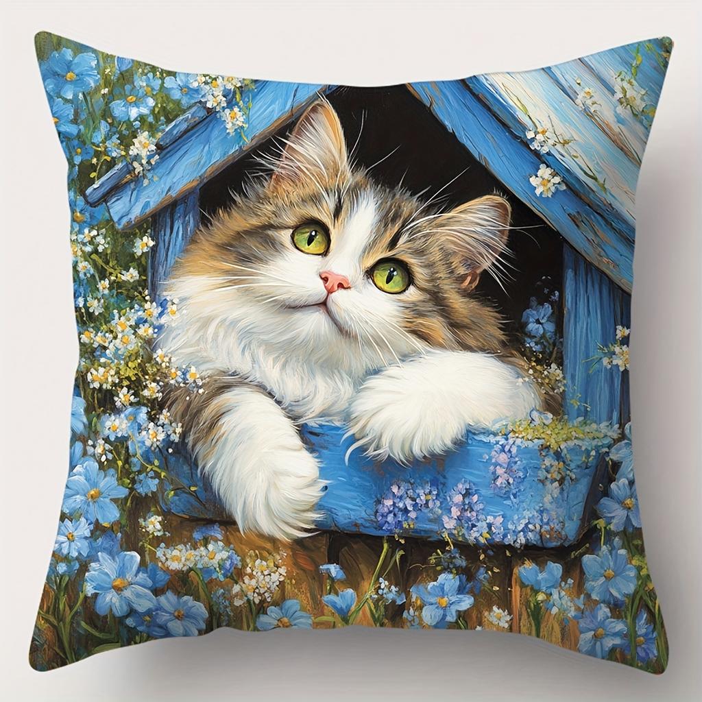 Cute Cat Prints On Blue Flower Decorative Cushions Polyester pillowcase, sofa decorative cushion cov Headboard Pillow