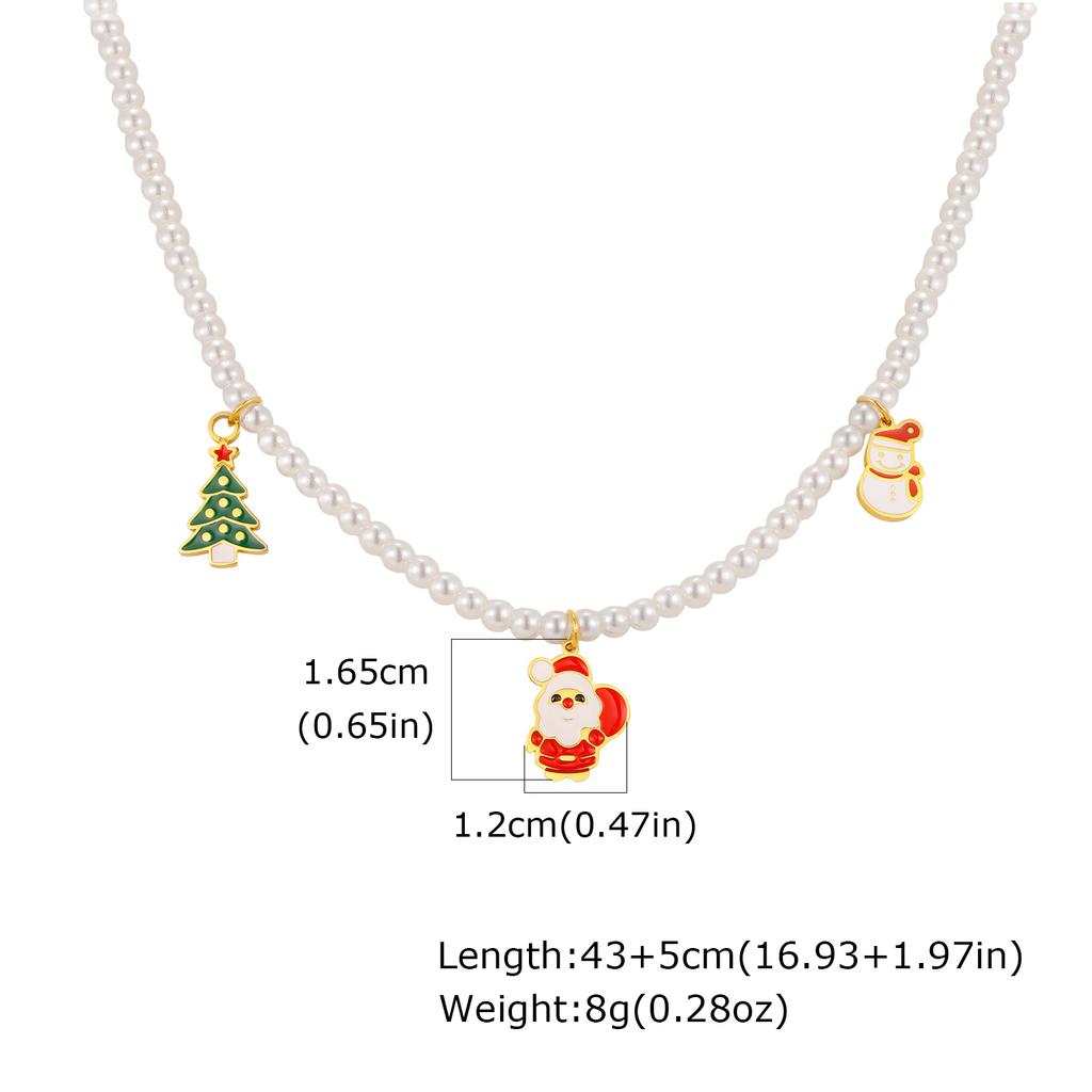 Christmas Tree Santa Snowman Pendant Necklace for Women Girl, Imitation Pearl Necklace, Stainless Steel Jewelry Festival Gift