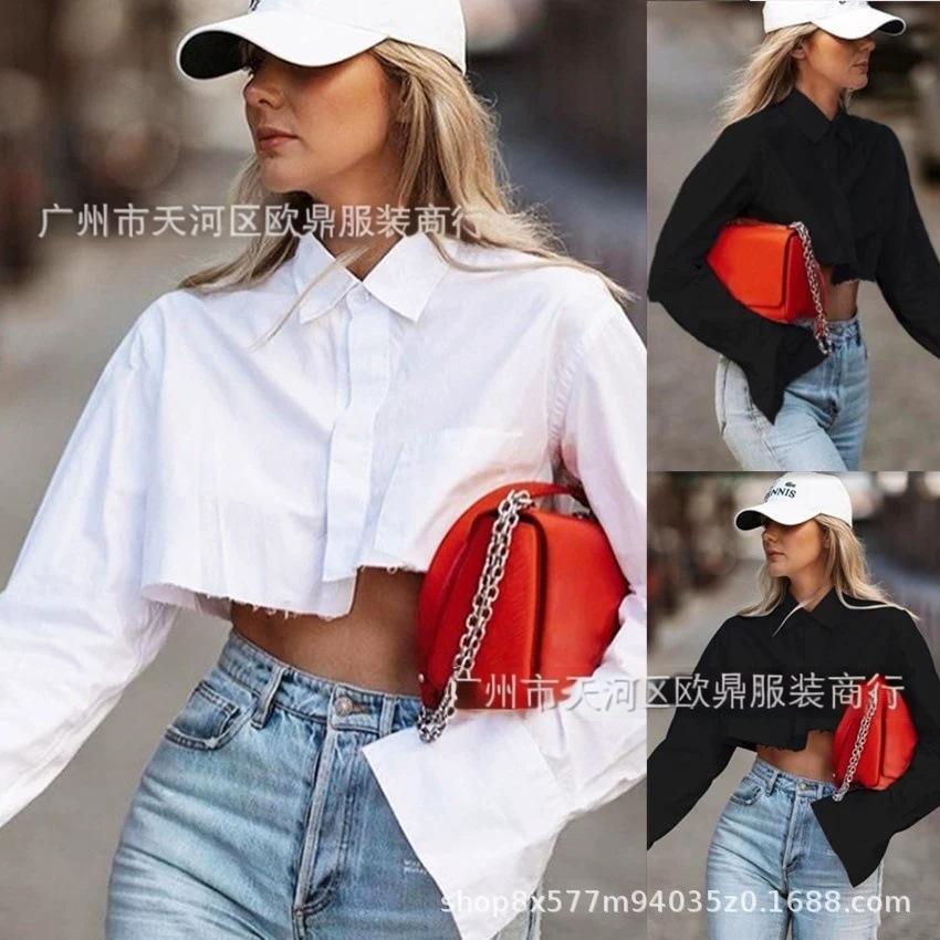 Women Lapel Single Breasted Cropped Shirt Long Sleeve Loose Casual Irregular Blouse Top
