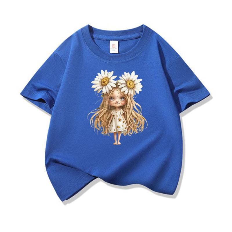Kids Cotton T Shirt White Daisy Girl Print Crew Neck Short Sleeve Tee Casual Breathable Boys Girls Summer Tops
