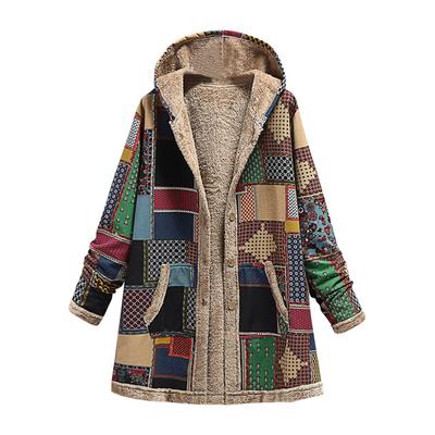 (SU)Damen Winter Warm Outwear Print Kapuzenpullover mit Taschen Vintage Mäntel Strickjacke