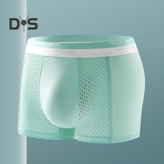 Men Boxer Underwear Mid-rise Breathable Holes Patchwork Color Shorts Panties U-Convex Design Ice Silk Underwear