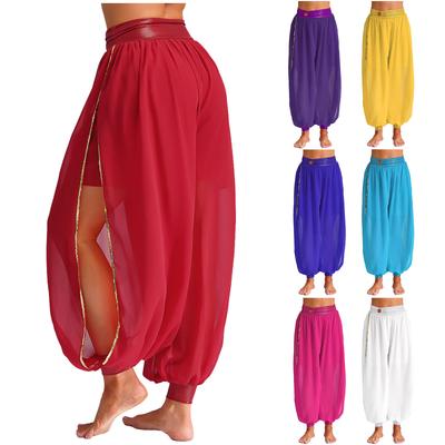 Womens Belly Dance Bloomers Chiffon Pants Ruched Waistband Side Split Carnival Costume