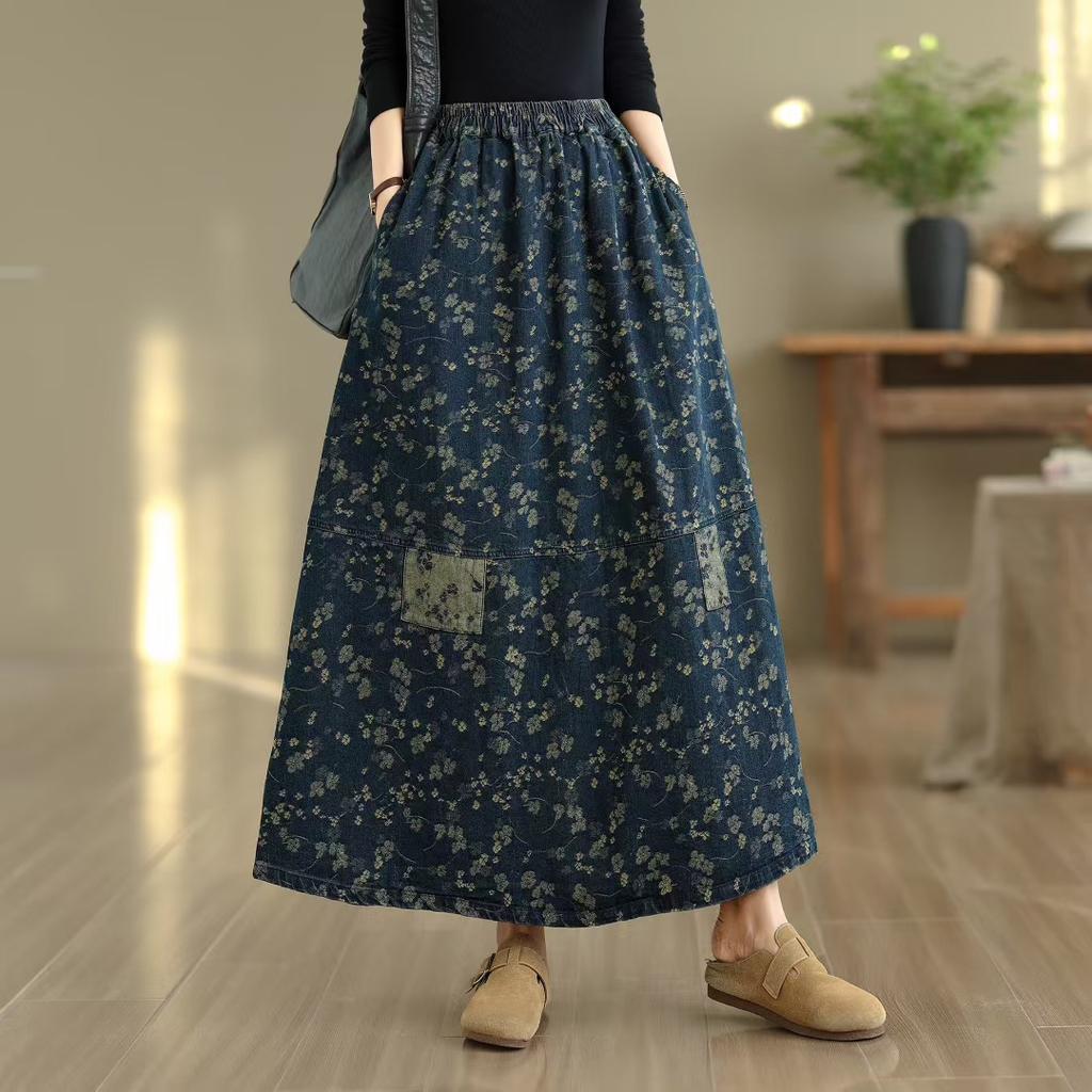 DIMANAF 2025 Summer Spliced Denim skirt Women New Skirts Elastic Elegant Flower Pleated Skirts High Waist