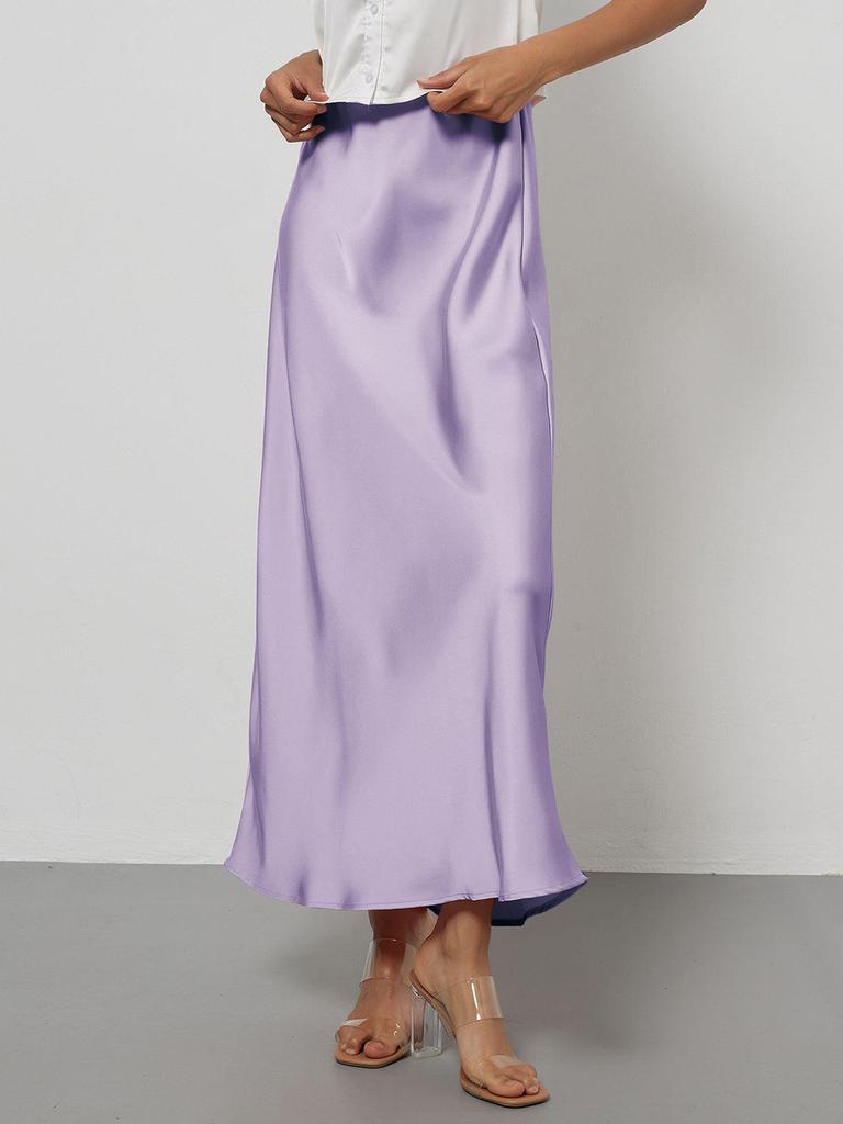 Women's Clothing Elegant Satin Midi Skirt Slim Fit High-Waisted Dress