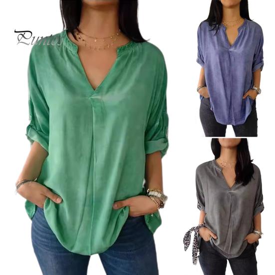 

Женские пуловеры, топы с v-образным вырезом и половиной рукавов, однотонные рубашки свободного покроя, плиссированные тонкие повседневные офисные топы M синий