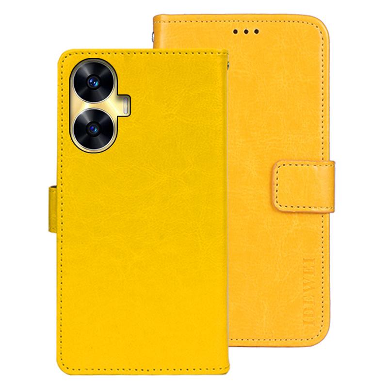 

IDEWEI For Realme C55 Anti-drop Wallet Cover Stand Phone Case Crazy Horse Texture PU Leather Shell Yellow