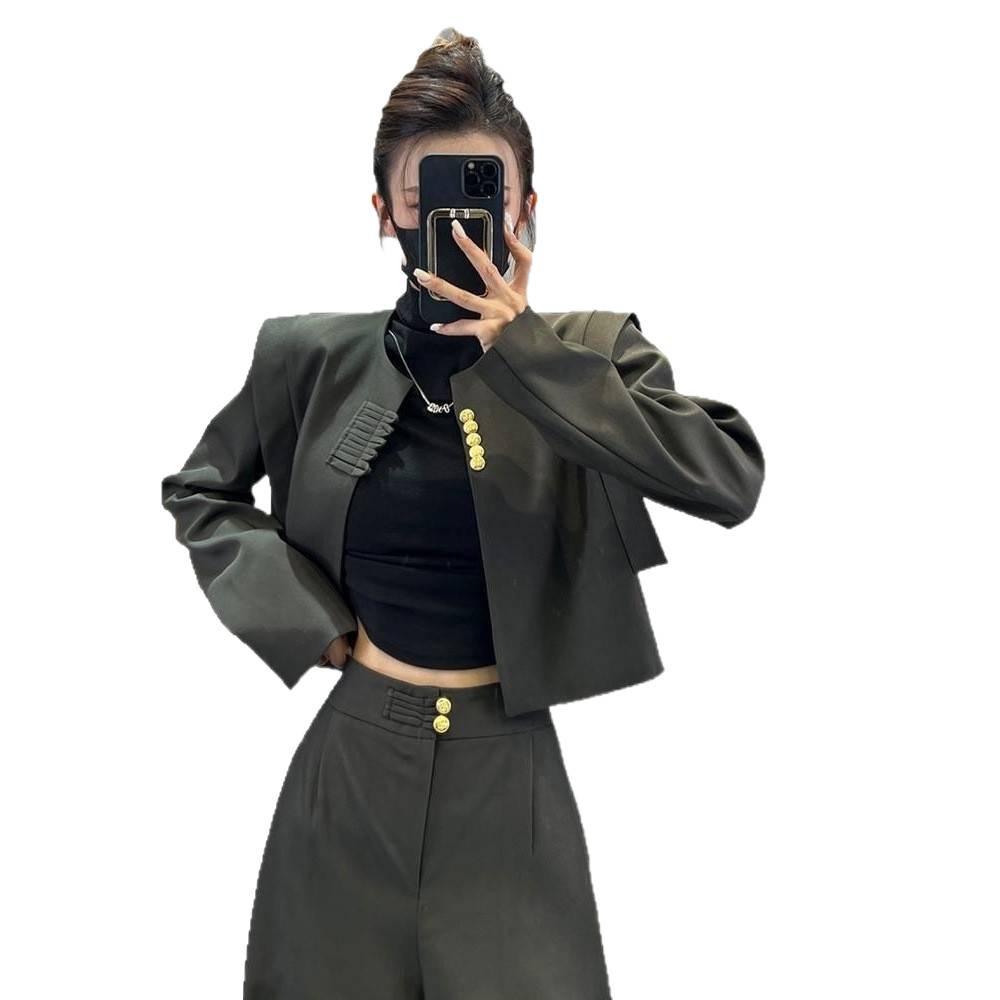 Dámský čínský retro dvoudílný set: Pánská bunda s dlouhým rukávem a kalhoty s vysokým pasem