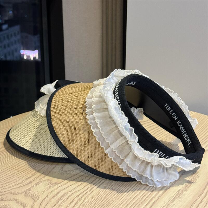 Lace Bow Straw Empty Top Sunscreen Hat Women's Summer Big Brim Sunshade UV Protection Sun Hat