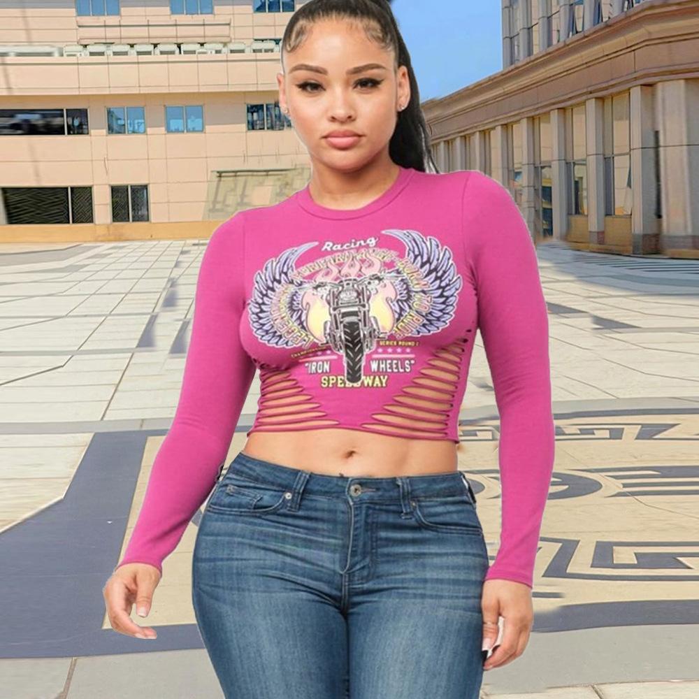 TD Spice Girl Style European and American Crew Neck Navel Cut Women's Wear Versatile Skinny Letter Long Sleeve Top T-Shirt