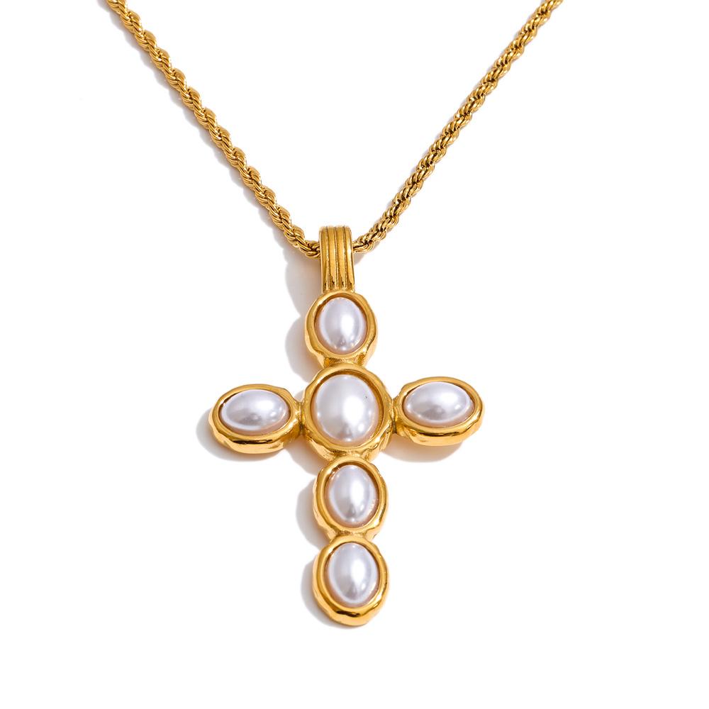 Yhpup Simulated Pearls Classic Cross Pendant Necklace 18K Golden PVD Plated Stainless Steel Popular Fashion 2026 Basic Jewelry