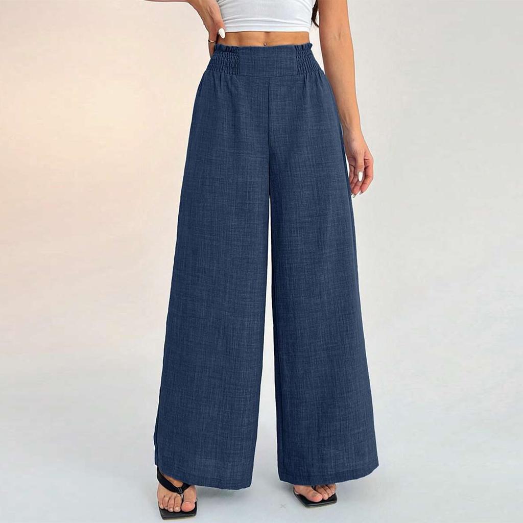 High Waist Wide Leg Pants for Women Elastic Waistband Loose Fit Lightweight Linen Trousers Casual Style