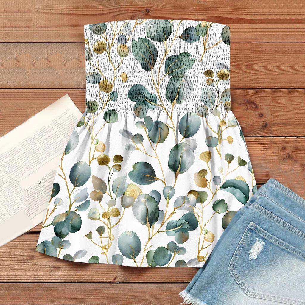 Women's Fashionable And Sexy Backless Elastic Floral Print Strapless Slimming T-shirt Top