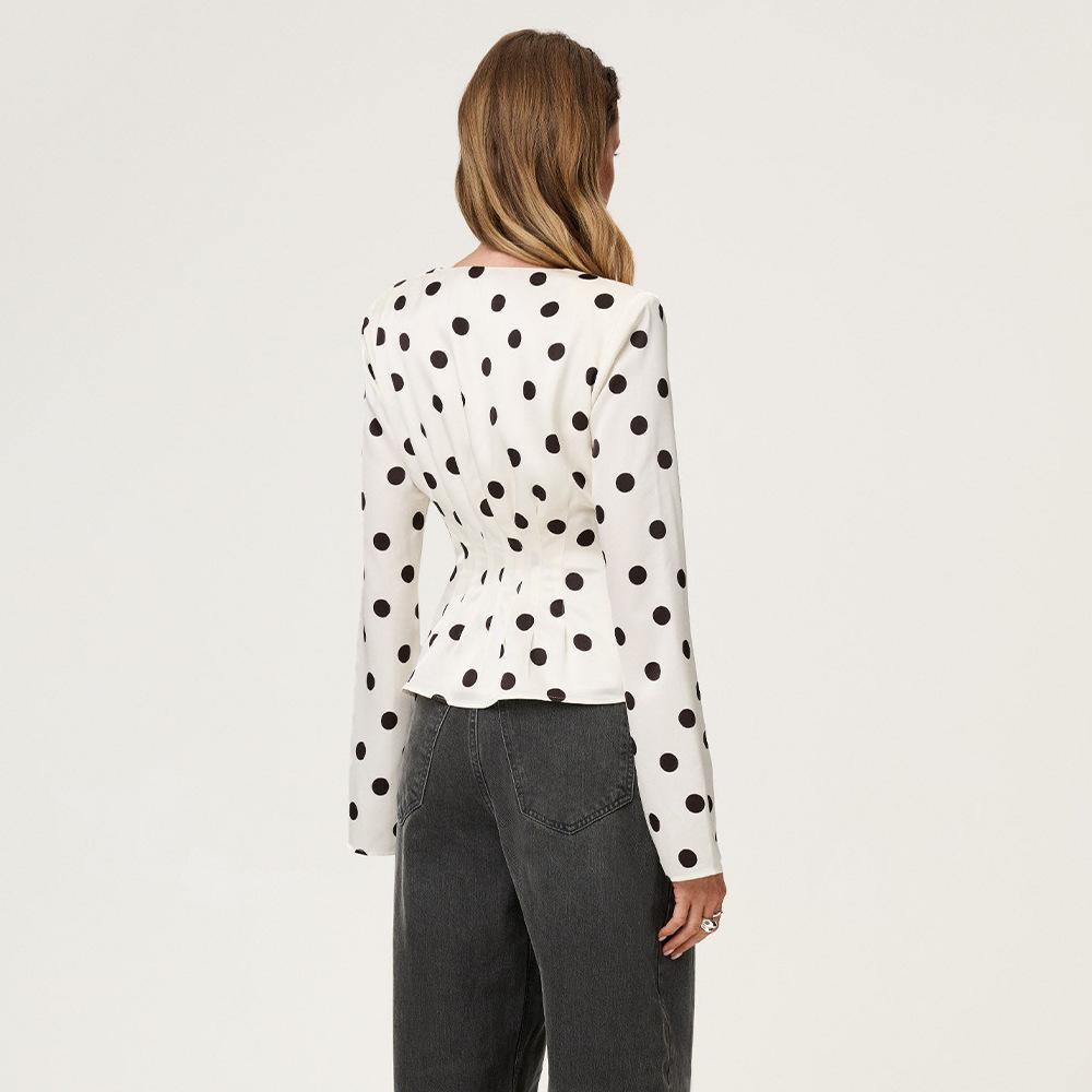 2026 Autumn European & American High-End French Polka Dot V-neck Long-Sleeve Loose Women's Top