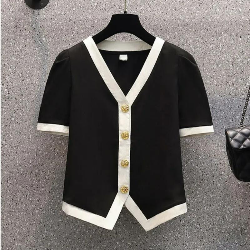 

Французская офисная леди, облегающая ароматная летняя рубашка, новый кардиган с V-образным вырезом, женская с коротким рукавом на пуговицах, простая шикарная модная белая блузка 4XL чёрный