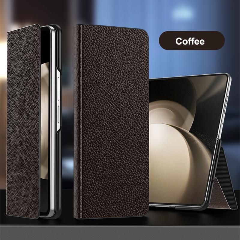 

Luxury Skin Feel Lychee Pattern Textured Genuine Leather Case For Samsung Galaxy Z Fold 7 Hinge Protection Flip Cover Genuine Leather&Galaxy Z Fold7