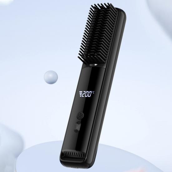 Cordless Hair Straightener Brush LCD Temperature Display Frizz Control Hair Straightening Comb USB Rechargeable Fast Heating Electric Hot Brush