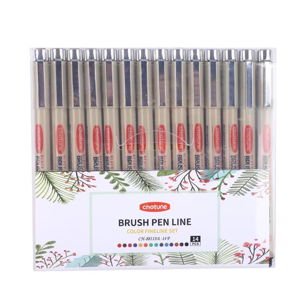 14 Colors Brush Micro Waterproof Fineliner Pen Set Ink Fine Point Pen Sketching Anime Artist Illustrating Drawing Supplies