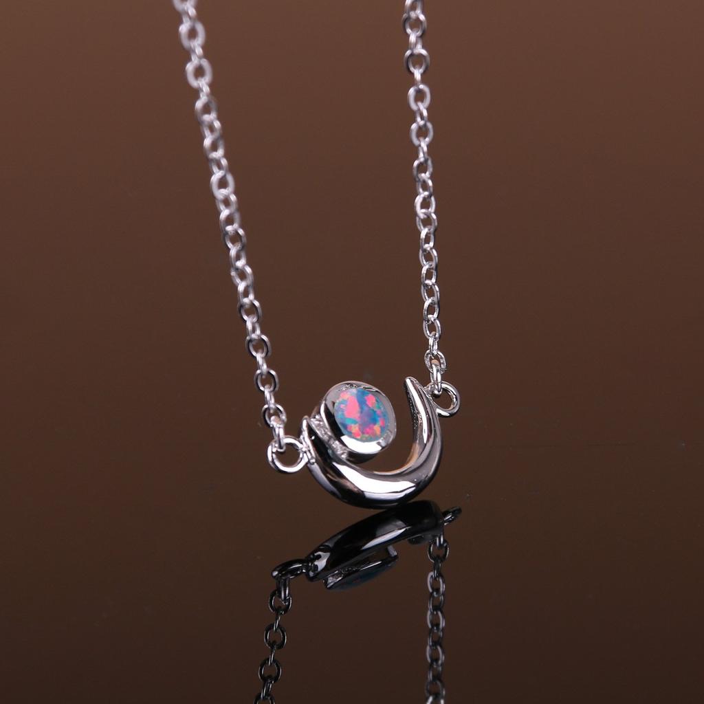 KELITCH Women's Choker Necklace with Synthetic Opal & Moon Oval Pendant (16-18 Inch) Chain (Color)