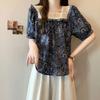 Retro Floral Lace Square Collar Short-sleeved Shirt for Women's Summer Doll Shirt Top