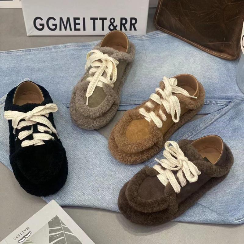 Winter Women Loafers Plush Lace Up Flat Shoes Bow Woman Flats Warm Loafer Wool Casual Shoes Fur Boat Shoes Flats Zapatos Mujer