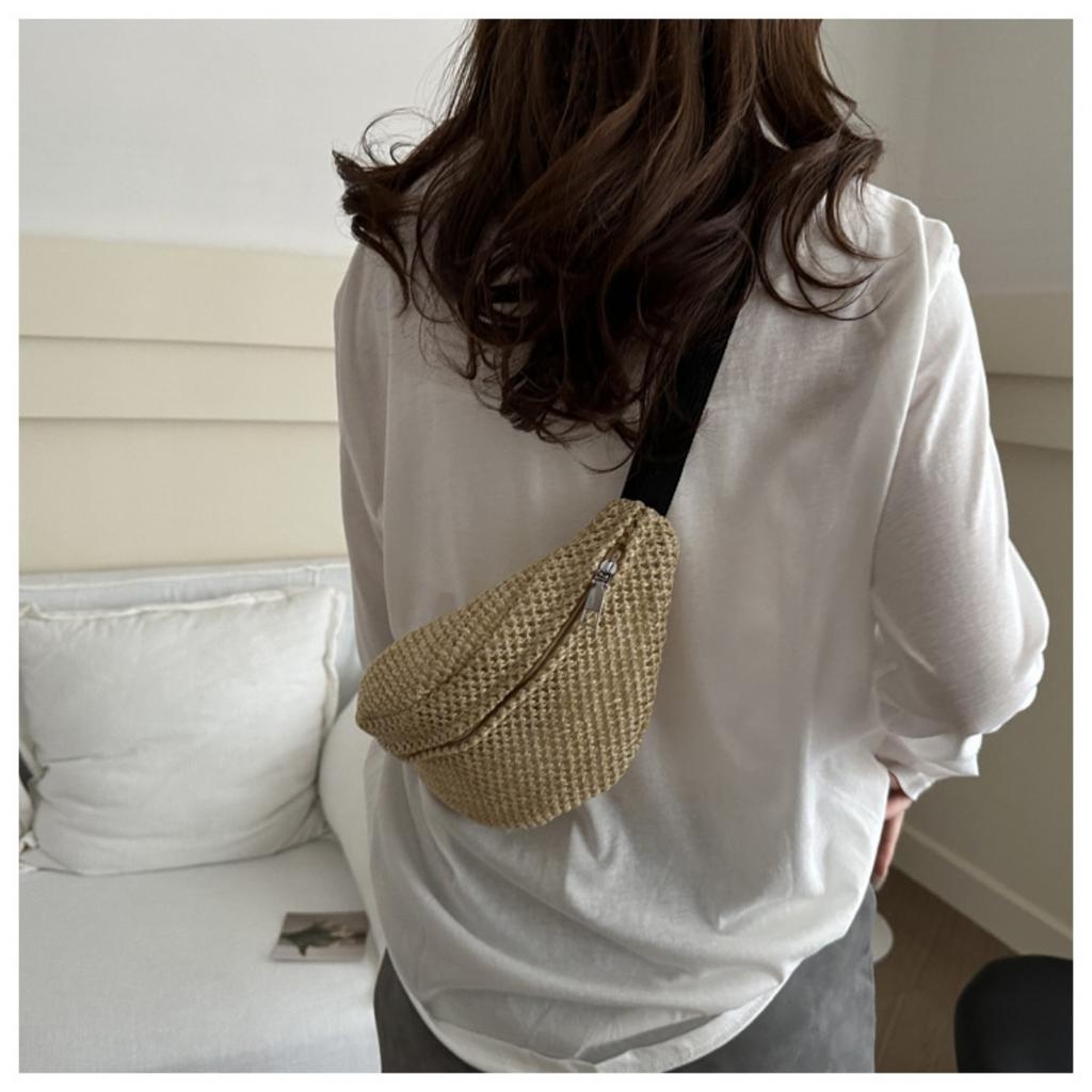 Women'S Stylish Woven Chest Bag - Light Brown, Breathable Crossbody Sling Phone Pouch with Zipper Closure, Versatile Waist Pack for Beach, Sports