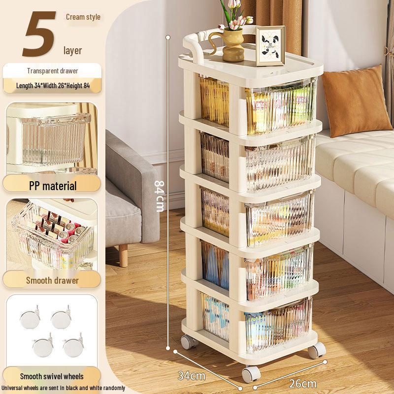 Movable Floor-Standing Baby Toy Storage Rack with Snack and Cream Style Shelves