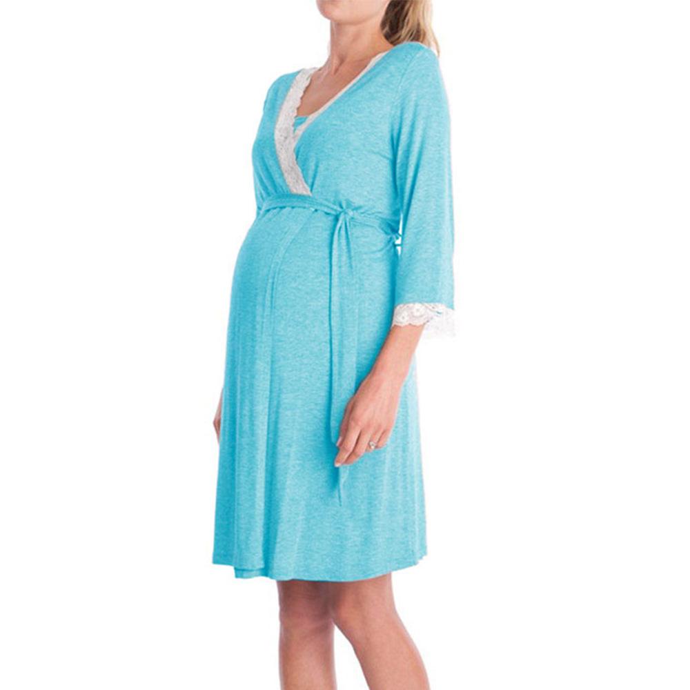 Women's V Neck Lace Trim 3/4 Sleeve Wrap Maternity Nursing Dress With Waist Tie
