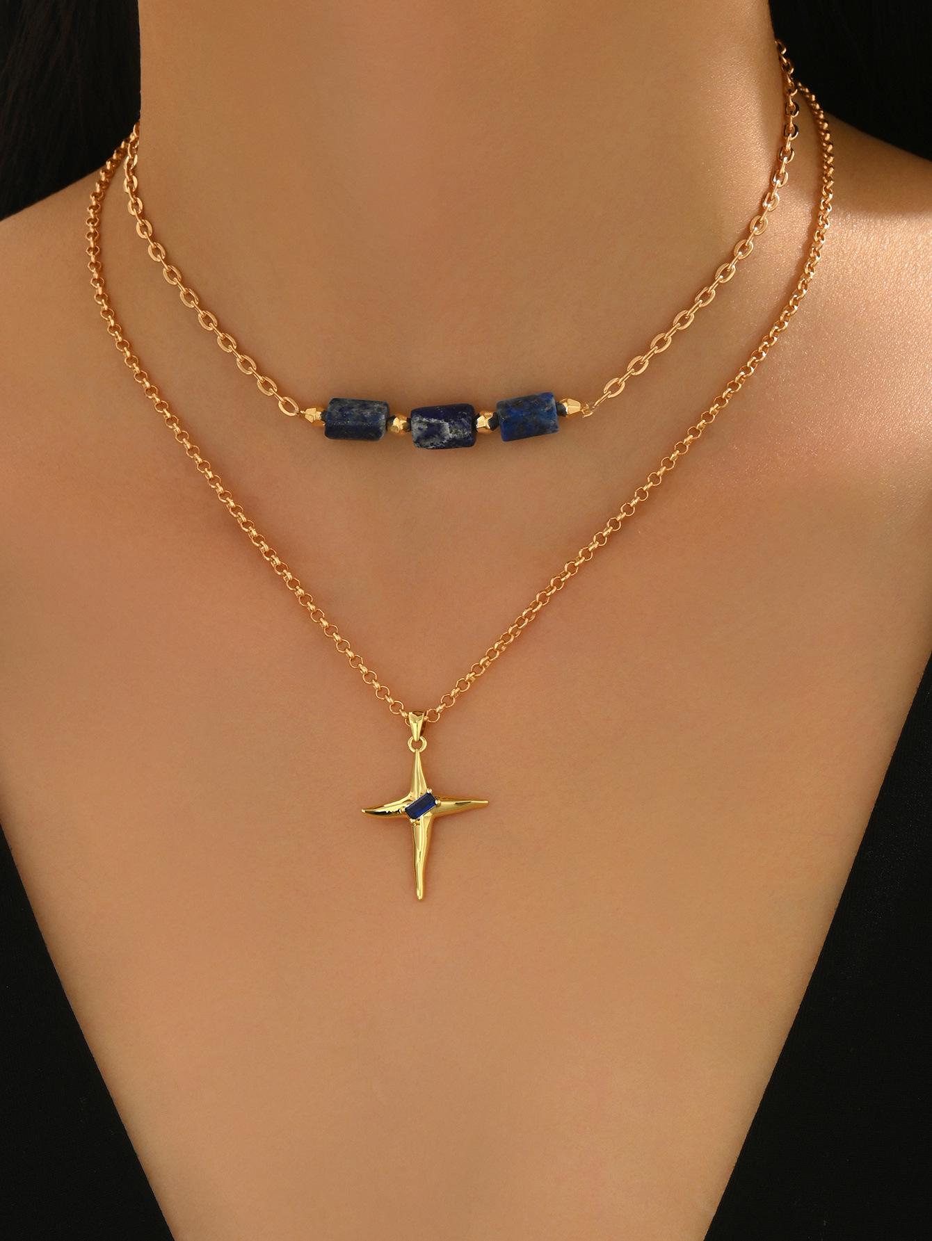 

European-American Four-Pointed Star Alloy Pendant Necklace with Natural Stone Design