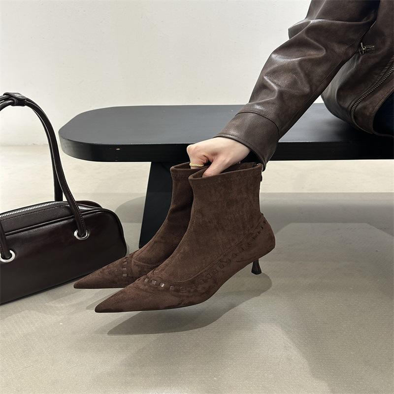 French kitten and suede pointed boots children's short boots 2025 new autumn and winter high-heeled thin boots