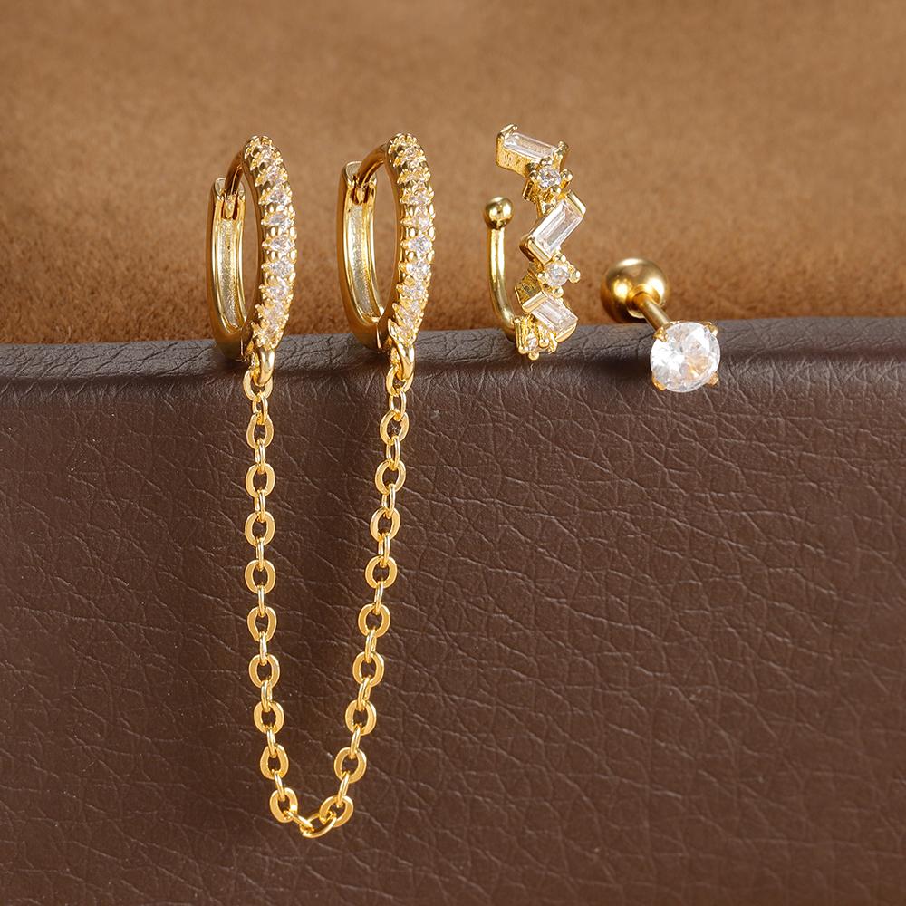 Tassel Chain Hoop Earrings Set for Women Stainless Steel Cubic Zirconia Geometric Round Huggie Earring Piercing Jewelry aretes