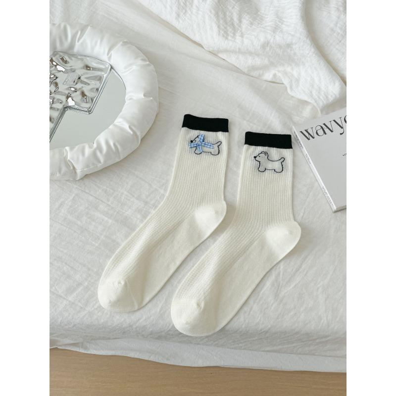 Cartoon Socks, Women's Mid-calf Socks, Trendy Early Autumn, Cute School Style, Bow, Puppy, Striped Long Socks