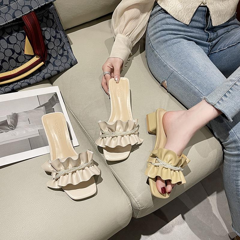 

2025 summer new ruffle leaf edge thick heel slippers women s outer wear medium heel open toe one-word fashion cool slippers 39 жовтий