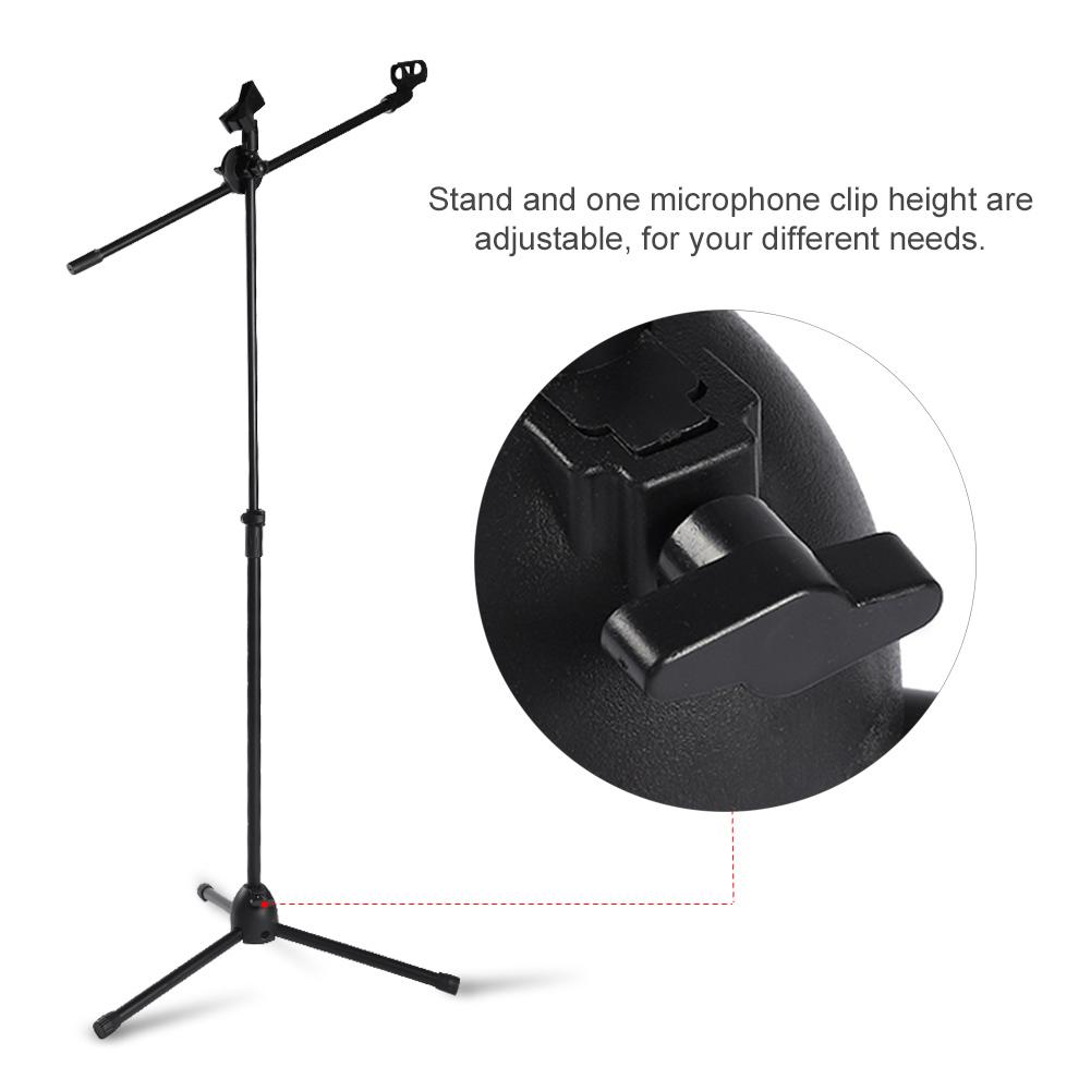 Microphone Boom Stand Dual Mic Clip Folding Arm Tripod Height Adjust Holder