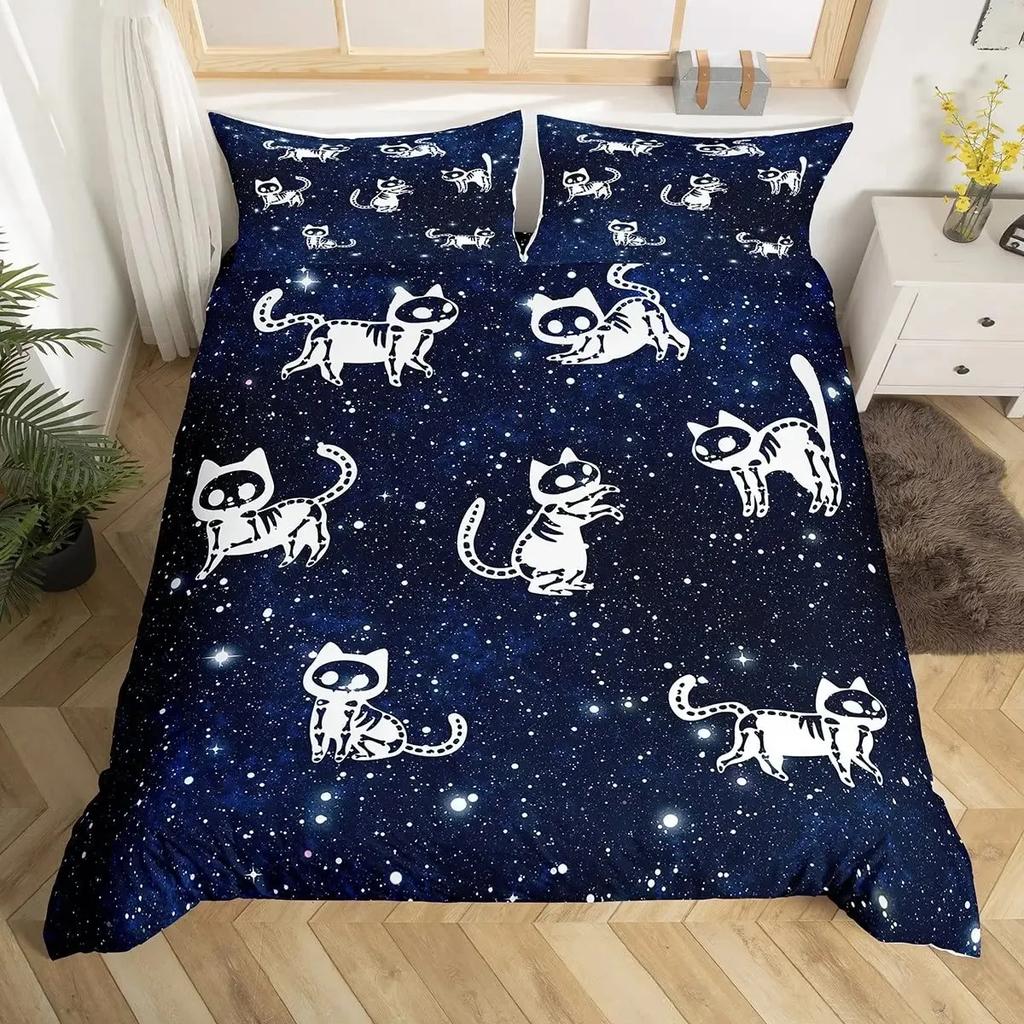 Katzenknochen-Bettwäscheset Full QueenHalloween Gothic Totenkopf Bettwäscheset SchwarzWeiß Galaxie Bettdeckenbezug Steppdeckenbezug