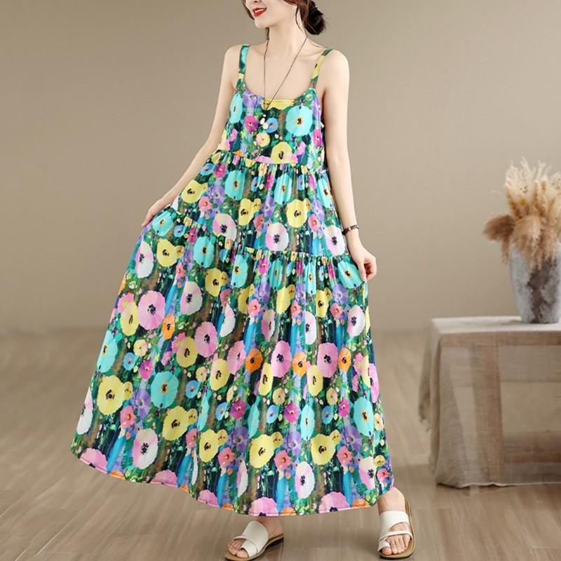 Sleeveless Strap Cotton Vintage Floral New In Dresses For Women Casual Long Summer Dress Elegant Clothing