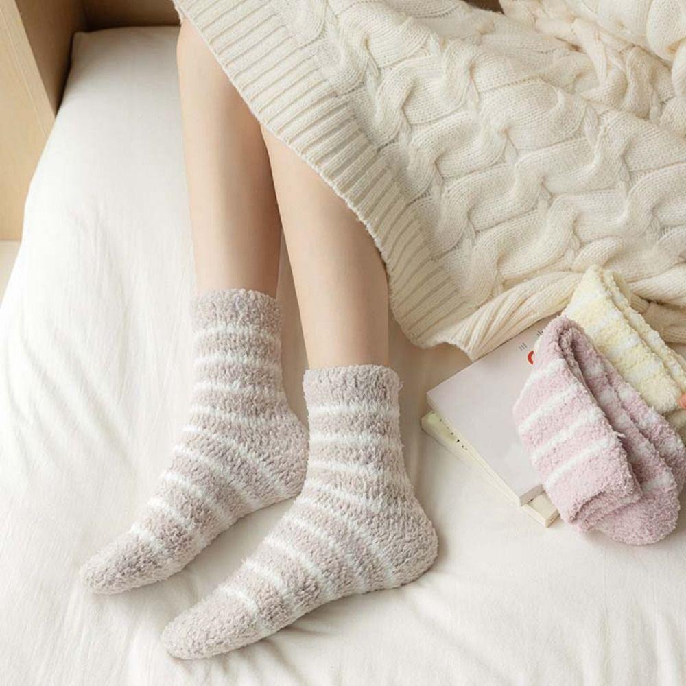 6Pairs Patchwork Thicken Velvet Socks Stripe Sleeping Socks Warm Coral Fleece Socks  Women