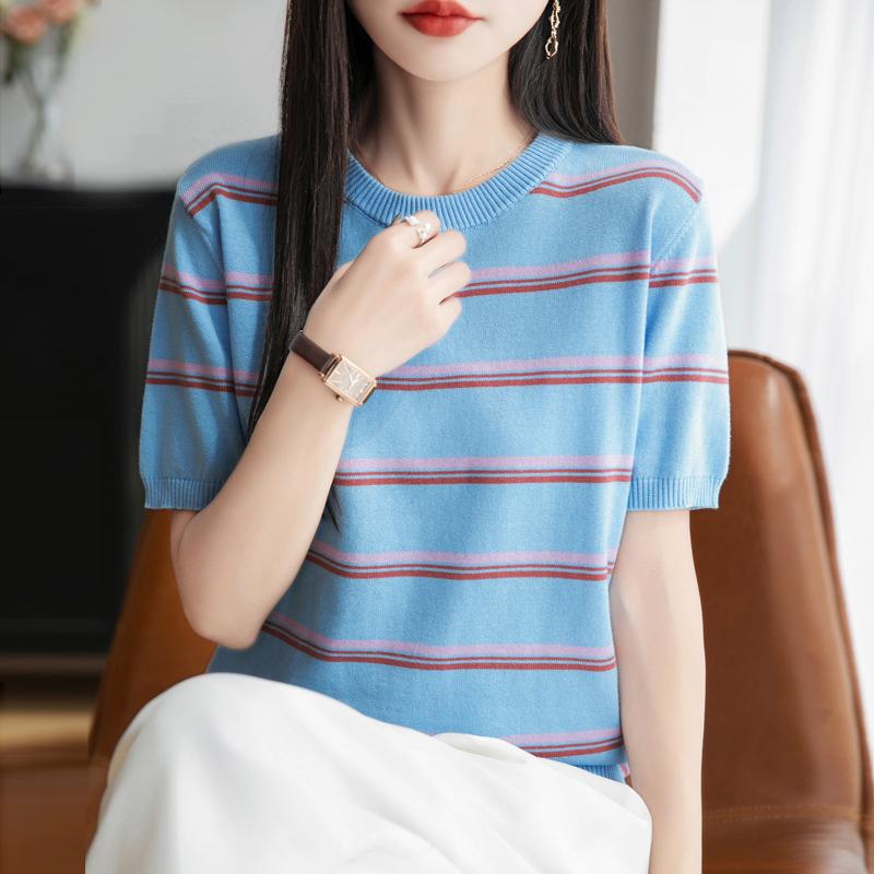 Pure Pure Cotton Round Neck Fashionable Striped Short-sleeved T-shirt for Women In Summertime Korean Style Commuting Inner Loose Versatile Top