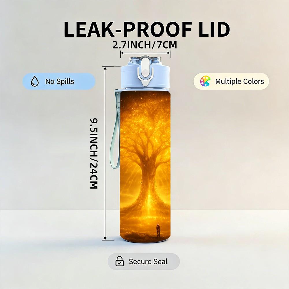 1PC Glowing Golden Tree Sunset Art Print 750ml Color Plastic Sports Water Bottle Leakproof Flip Straw Lid Suitable for Sports Office Home Use