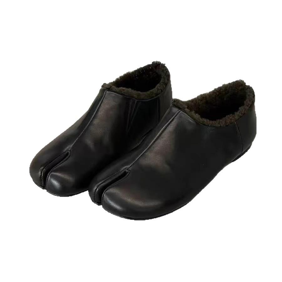 Cowhide Version~ Retro Niche Flat Shoes, One-pedal Pig's Trotters Split-toe Shoes, Women's Autumn and Winter Velvet Single Shoes, Small Leather Shoes