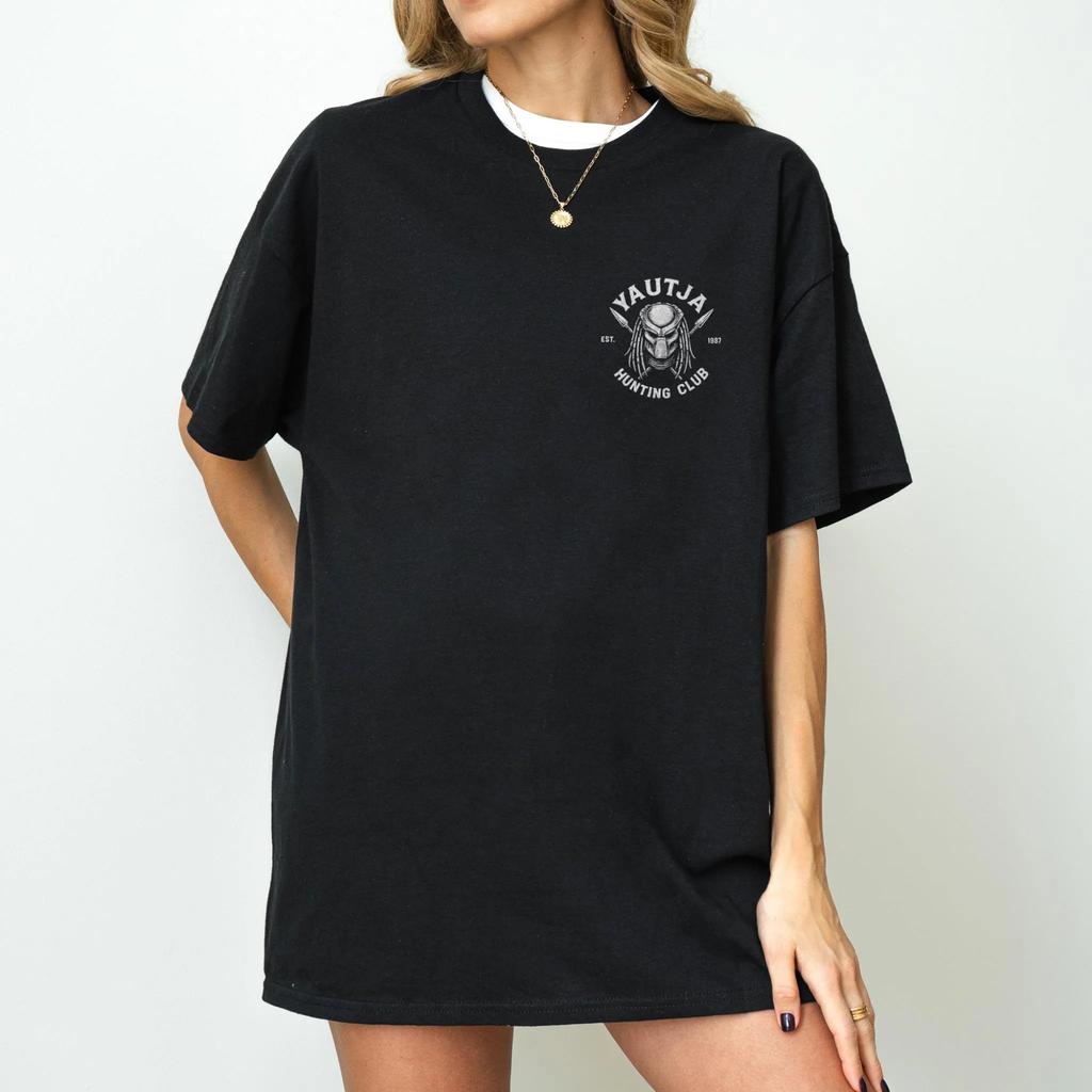 Yautja Jagdclub Bedrucktes Damen-T-Shirt für Frühling und Sommer Modetrend Reines Baumwoll-Oberteil Neutrales Kurzarm-T-Shirt