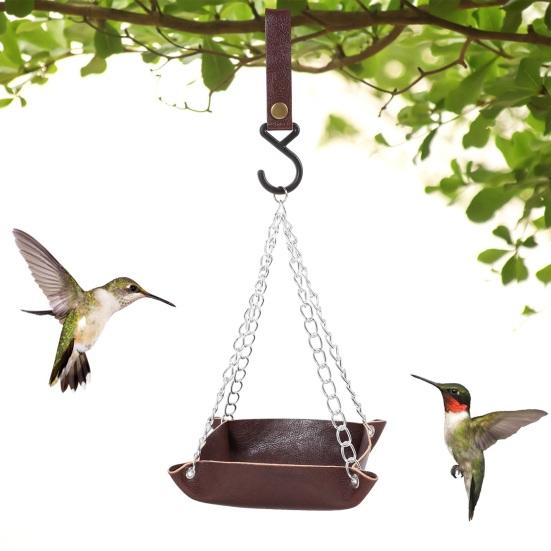 Hanging Bird Feeder Outdoor Hummingbird Feeders Faux Leather Feeding Tray Metal Mesh Attracting Wild Birds Square Platform