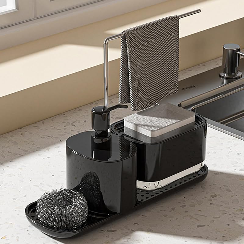 Kitchen Soap Dispenser Set with Dishcloth Holder, Dish Soap Dispenser for Kitchen Sink 5-in-1 Organizer for Kitchen Sink Countertop Storage, Kitchen