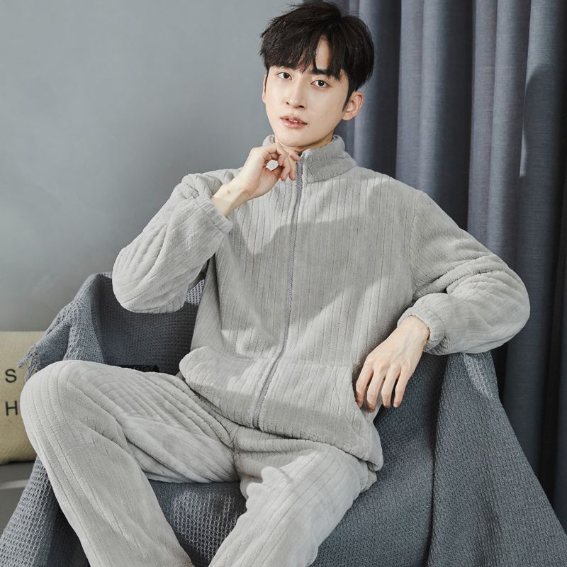 Men's Pajamas Winter Flannel Thickened Plus Velvet Homewear Autumn And Winter Days Warm Coral Fleece Zipper Style Two-piece Set