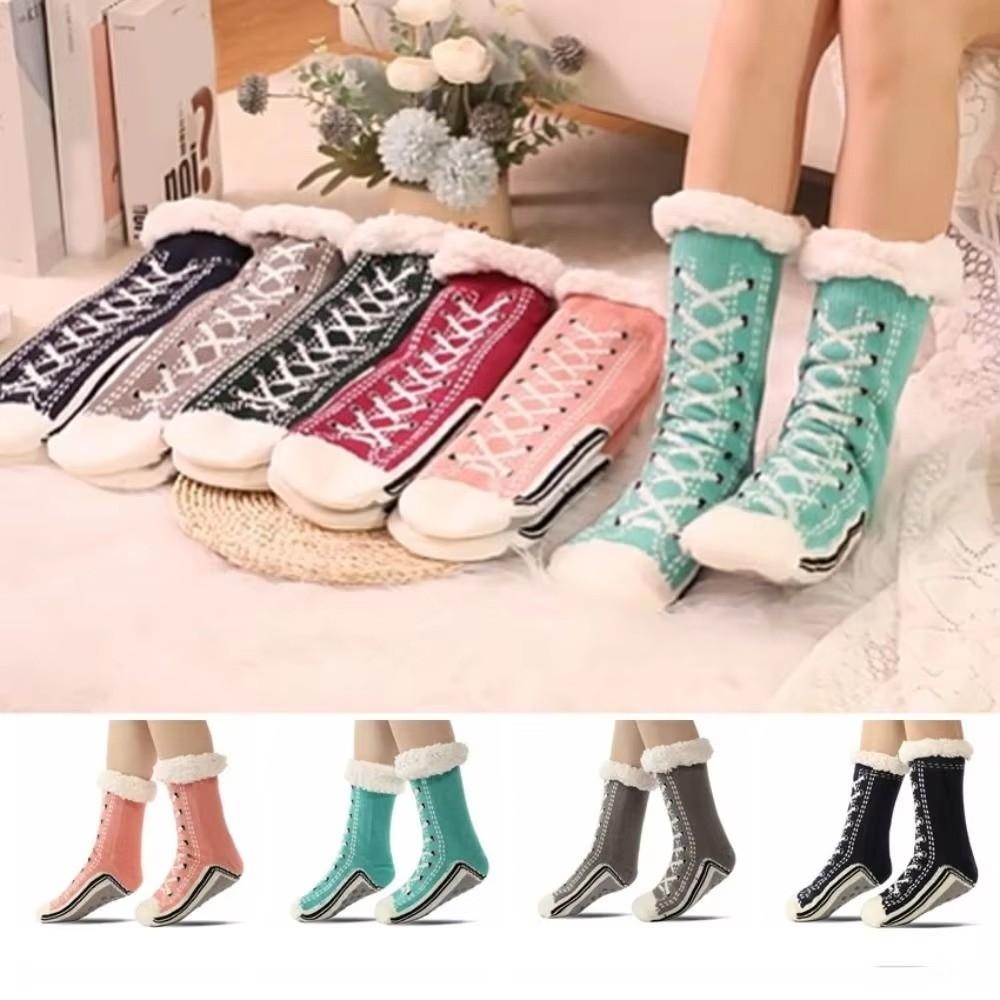 1Pair Striped Floor Sleeping Socks Plush Snow Socks Casual Slipper Sock  for Woman Girls