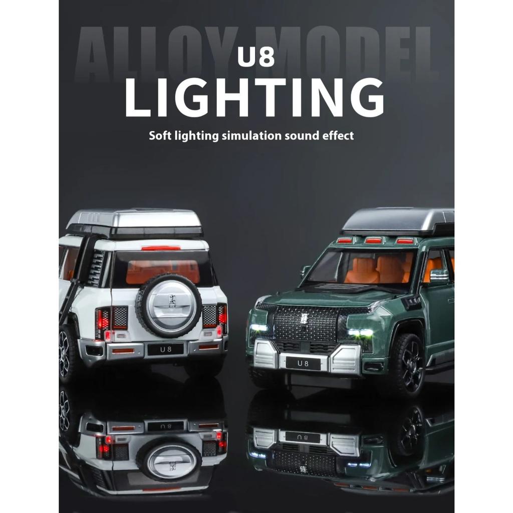Maßstab 1/24 BYD LOOK UPAT U8 Offroad-Version Legierung SUV Diecast-Modell Sound & Licht Rückziehspielzeug Trendiges Ausstellungsornament Geschenk für Kinder