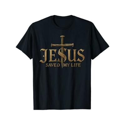 European Sizes Christ Saved My Life Christian Pattern T-shirt for Men's Casual Round Neck T-shirt